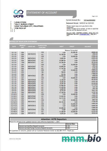 Filipiny tonik Bank Premium Visa karta debetowa oświadczenie słowo i PDF szablon scr, 2 strony